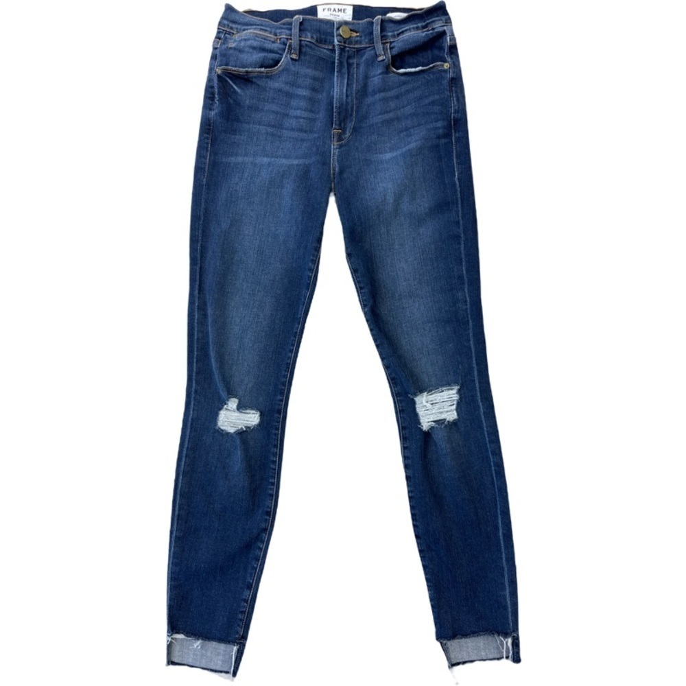 ✅ Frame le high skinny jeans medium blue wash raw hem distressed front size 27